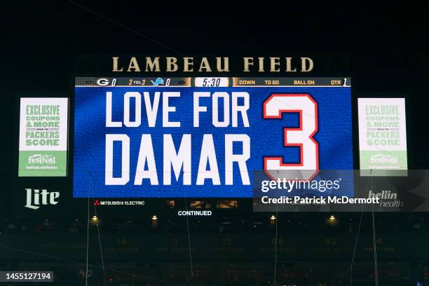 Detail view of the video board honoring Damar Hamlin of the Buffalo Bills prior to the game between the Detroit Lions and then Green Bay Packers at...