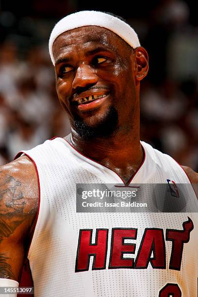 LeBron James of the Miami Heat smiles while playing against the Boston Celtics in Game Two of the Eastern Conference Finals during the 2012 NBA...