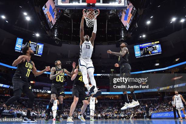 Jaren Jackson Jr. #13 of the Memphis Grizzlies dunks during the second half against the Utah Jazz at FedExForum on January 08, 2023 in Memphis,...