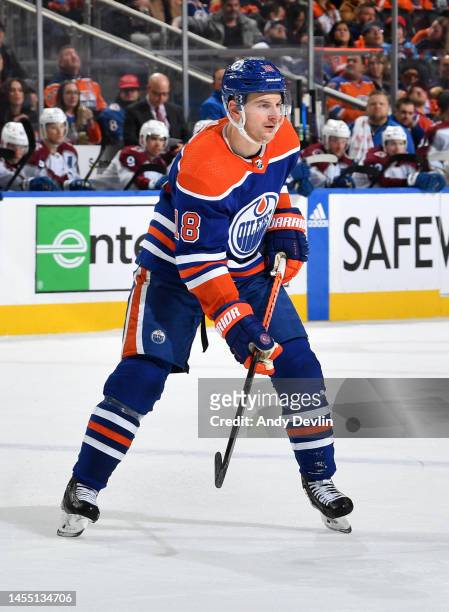 Zach Hyman of the Edmonton Oilers skates during the game against the Colorado Avalanche on January 7, 2023 at Rogers Place in Edmonton, Alberta,...