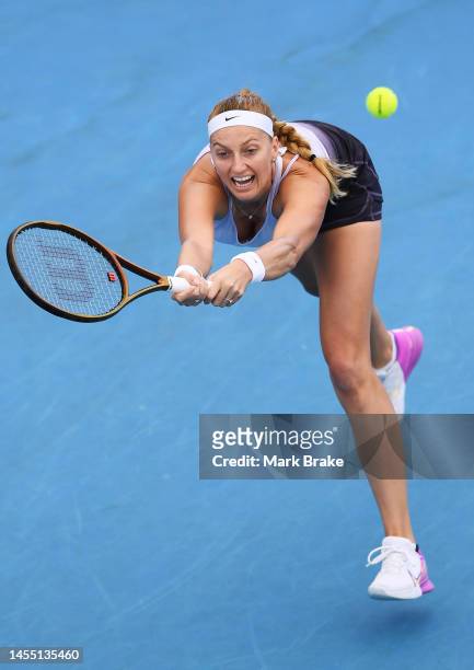 Petra Kvitova of Czech Republic competes against Elena Rybakina of Kazakhstan during day one of the 2023 Adelaide International at Memorial Drive on...
