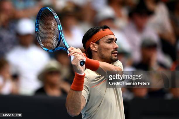 Fabio Fognini of Italy plays a backhand during his first round singles match against Jenson Brooksby of USA during day one of the 2023 ASB Classic...