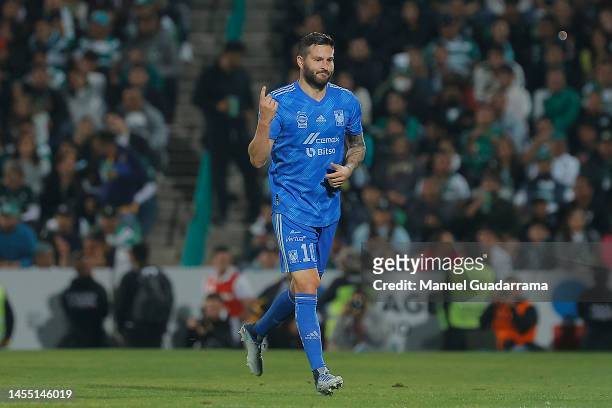 Andre-Pierre Gignac of Tigres celebrates after scoring the second goal of his team during the 1st round match between Santos Laguna and Tigres UANL...