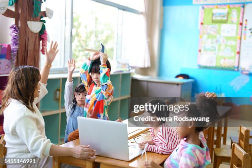 Preschool Kids Excited To Learning Basic Computer Skill In Classroom ...