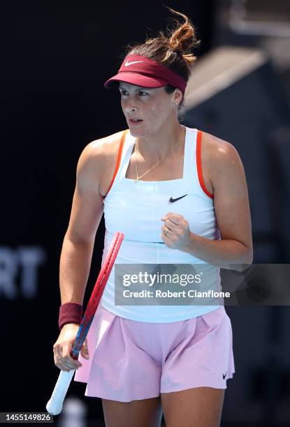 Tatjana Maria of Germany reacts in her first round match against Talia Gibson of Australia at the Domain Tennis Centre on January 09, 2023 in Hobart,...