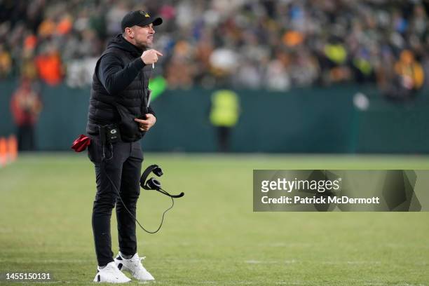 Head coach Matt LaFleur of the Green Bay Packers reacts after a penalty during the fourth quarter against the Detroit Lions at Lambeau Field on...