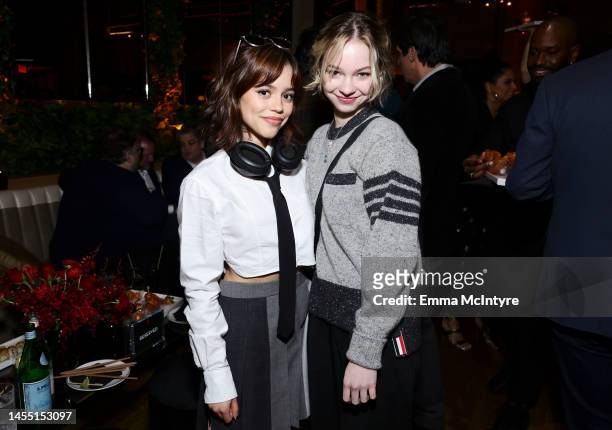 Jenna Ortega and Emma Myers attend the Netflix Golden Globe and Critics Choice Nominee Toast at Catch LA on January 08, 2023 in West Hollywood,...