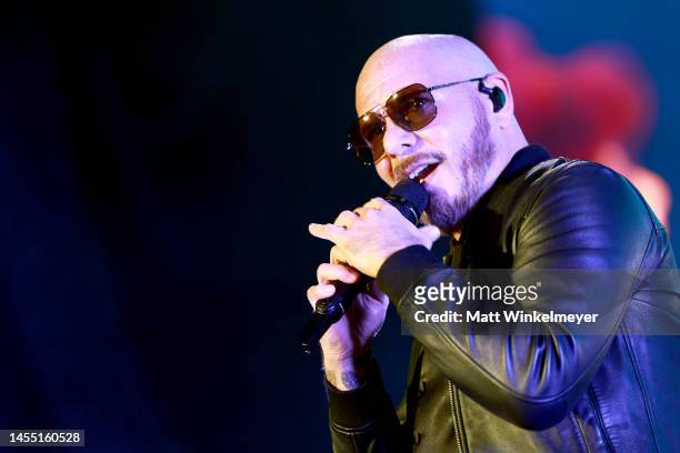 Pitbull performs onstage during AT&T Playoff Playlist Live at Banc of California Stadium on January 08, 2023 in Los Angeles, California.