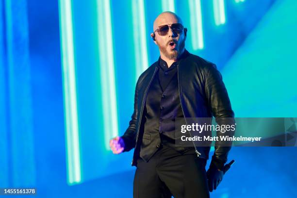 Pitbull performs onstage during AT&T Playoff Playlist Live at Banc of California Stadium on January 08, 2023 in Los Angeles, California.