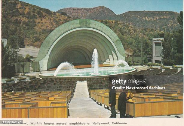 Vintage souvenir postcard published ca 1961 from series depicting Hollywood landmarks, here a view of the historic Hollywood Bowl theater auditorium...