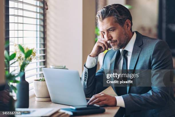 businessman looking at his laptop - economy business and finance stockfoto's en -beelden