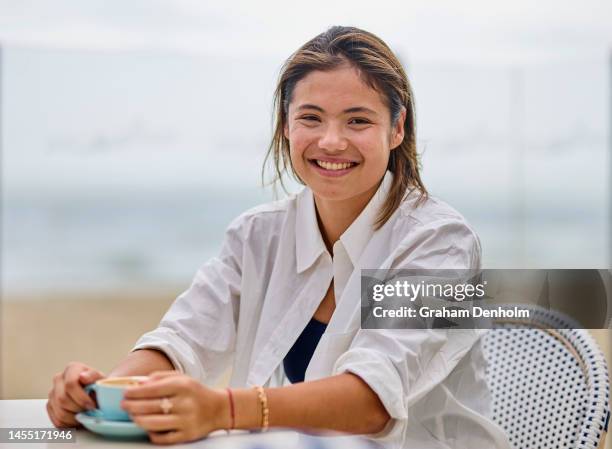 Emma Raducanu of Great Britain poses at Elwood Beach ahead of the 2023 Australian Open at Melbourne Park on January 09, 2023 in Melbourne, Australia.