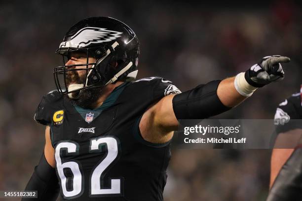 Jason Kelce of the Philadelphia Eagles yells out to his team against the New York Giants at Lincoln Financial Field on January 8, 2023 in...