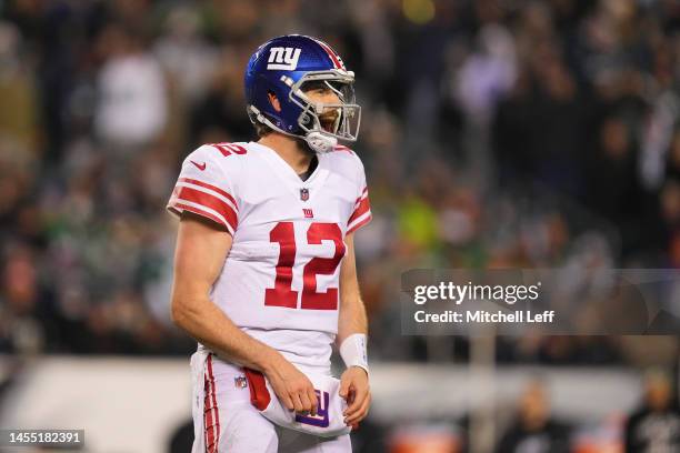 Davis Webb of the New York Giants reacts against the Philadelphia Eagles at Lincoln Financial Field on January 8, 2023 in Philadelphia, Pennsylvania.