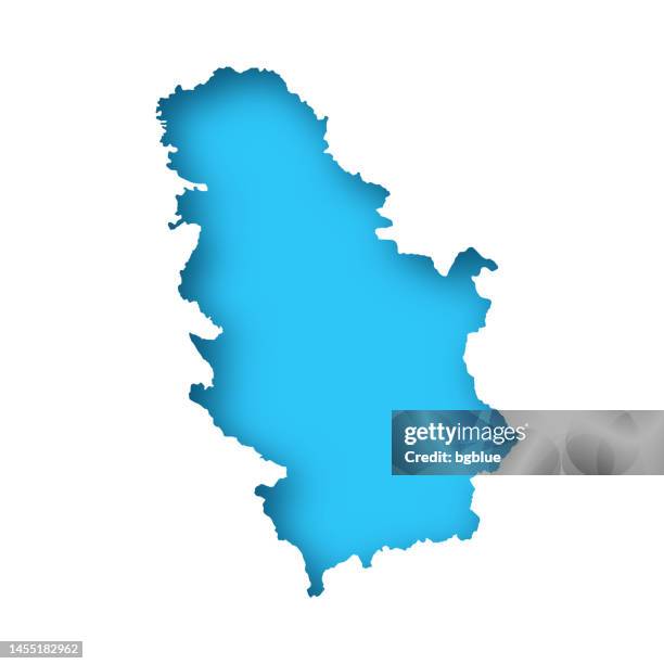 serbia map - white paper cut out on blue background - belgrade stock illustrations