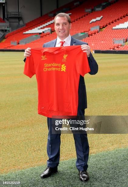 Brendan Rogers is unveiled as the new Liverpool FC manager at a press conference at Anfield on June 01, 2012 in Liverpool, England.