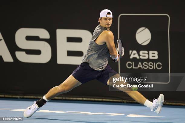 Wolf of USA plays a shot against Adrian Mannarino of France during day one of the 2023 ASB Classic Men's at the ASB Tennis Arena on January 09, 2023...