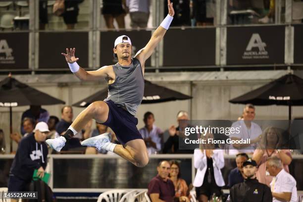 Wolf of USA celebrates a win against Adrian Mannarino of France during day one of the 2023 ASB Classic Men's at the ASB Tennis Arena on January 09,...