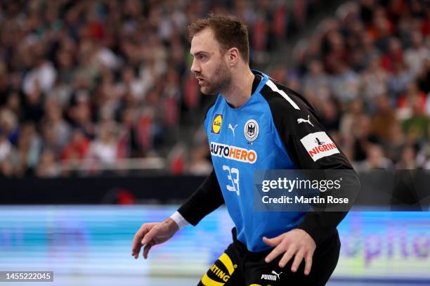 Andreas Wolff, goaltender of Germany reacts during the handball international friendly match between Germany and Iceland at ZAG-Arena on January 08,...