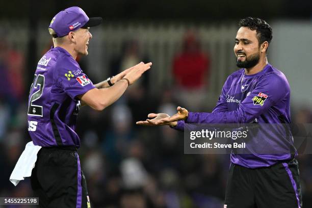 Faheem Ashraf of the Hurricanes celebrates the wicket of Hilton Cartwright of the Stars during the Men's Big Bash League match between the Hobart...