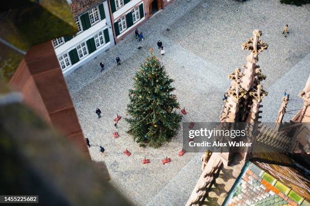 a large decorated christmas tree in the münsterplatz, basel, switzerland - basel switzerland stock pictures, royalty-free photos & images
