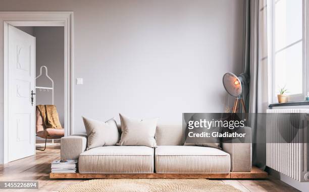 elegant living room with beige sofa and decoration and a peek of next room - house on white backgroud imagens e fotografias de stock