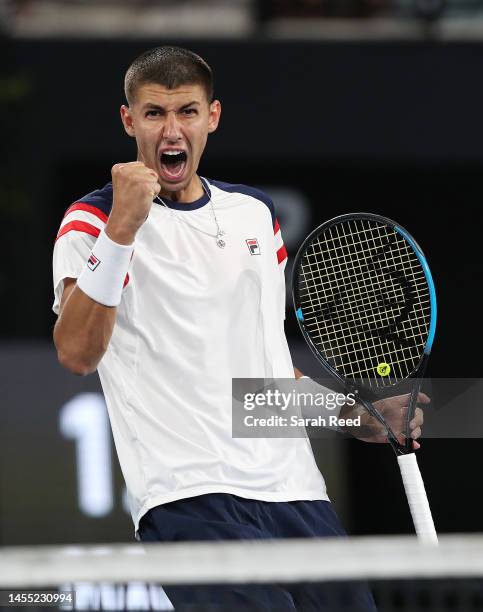 Alexei Popyrin of Australia takes the second set against Thanasi Kokkinakis of Australia during day one of the 2023 Adelaide International at...