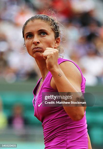 Sara Errani of Italy celebrbates a point during her women's singles third round match against Ana Ivanovic of Serbia during day six of the French...