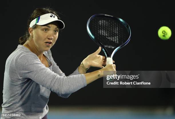 Patricia Maria Tig of Romania competes in her first round match against Jasmine Paolini of Italy during day one of the 2023 Hobart International at...