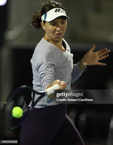 Patricia Maria Tig of Romania competes in her first round match against Jasmine Paolini of Italy during day one of the 2023 Hobart International at...