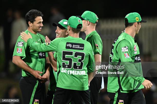 Nathan Coulter-Nile of the Stars celebrates the wicket of Mitch Owen of the Hurricanes during the Men's Big Bash League match between the Hobart...