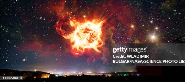 asteroid explosion, conceptual image - apokalypse stock-fotos und bilder