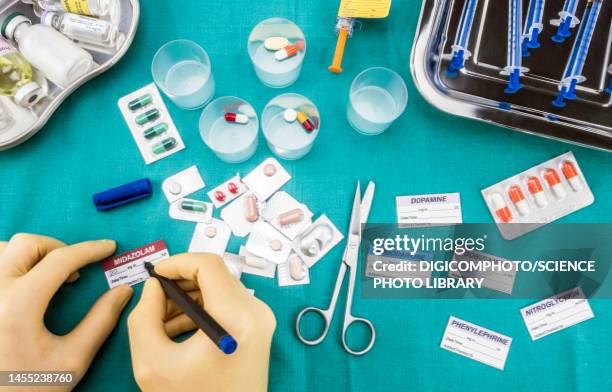 nurse preparing hospital medication, conceptual image - injecting iv stock pictures, royalty-free photos & images