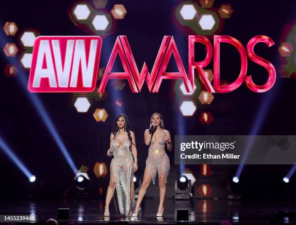 Webcam model Reya Sunshine and adult film actress Abella Danger co-host the 2023 Adult Video News Awards at Resorts World Las Vegas on January 07,...