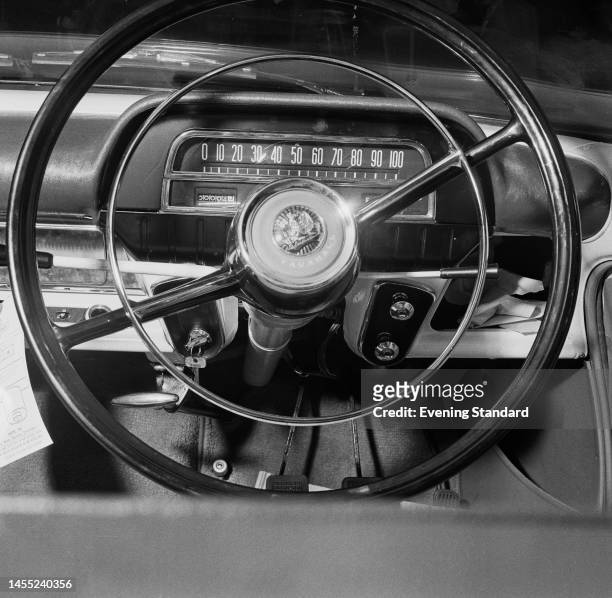 Close-up of the steering wheel of a Vauxhall car on the assembly line at Vauxhall Motors in Luton, Bedfordshire, on August 13th, 1960. (Photo by...