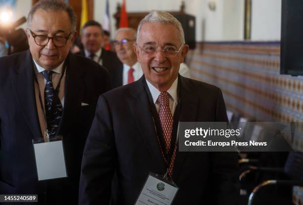 The former president of Colombia Alvaro Uribe and the rector of the University for Peace , Francisco Rojas , on their arrival at the inauguration of...