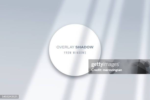 stockillustraties, clipart, cartoons en iconen met shadow overlay effect template. transparent soft light and shadows from window. mockup of window shade over wall hanging circular frame - mock up magazine