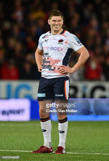 Owen Farrell of Saracens looks on during the Gallagher Premiership Rugby match between Gloucester Rugby and Saracens at Kingsholm Stadium on January...