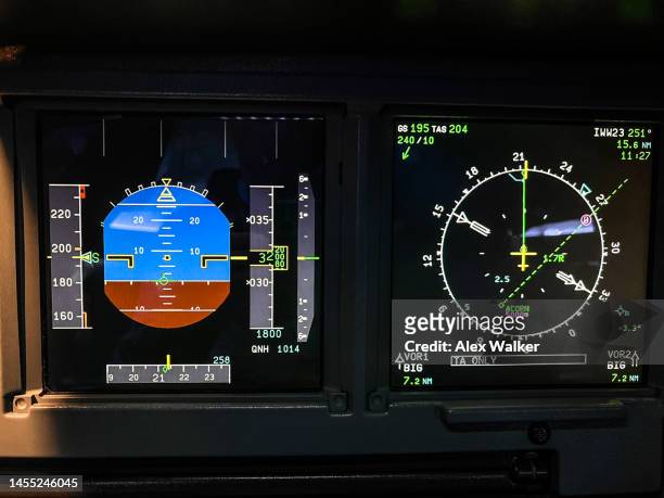 instrument screens in cockpit, flight deck, of a commercial aircraft. - modern compass stockfoto's en -beelden