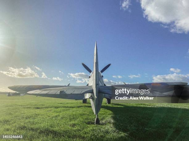 rear view of supermarine spitfire on grass - wwii fighter plane foto e immagini stock