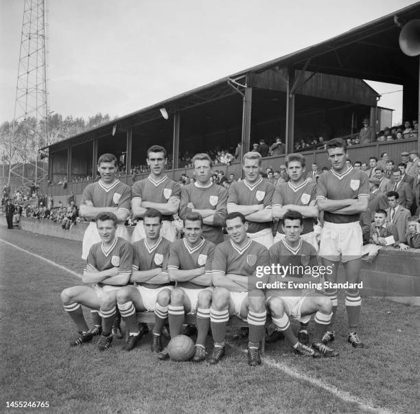 Team photo of Shrewsbury Town football club taken before a match on October 25th, 1961. Shrewbury are playing against Southend United.