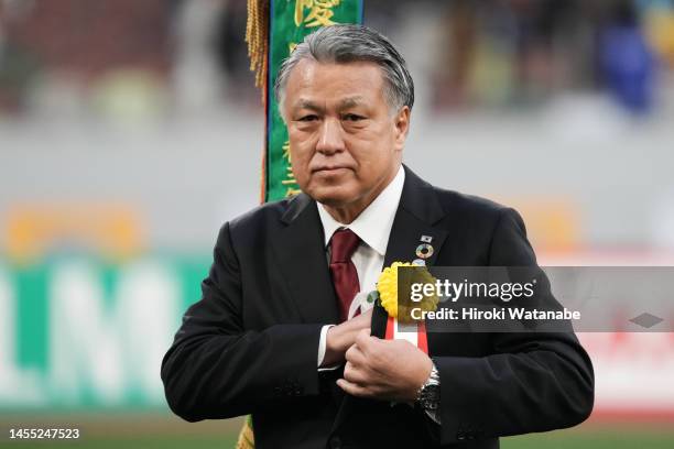 Kozo Tashima of President of JFA looks on after the 101st All Japan High School Soccer Tournament final between Okayama Gakugeikan and Higashiyama at...