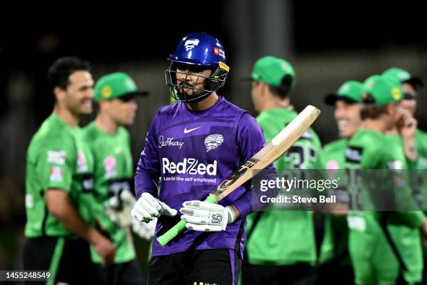 Faheem Ashraf of the Hurricanes leaves the field after being dismissed by Nathan Coulter-Nile of the Stars during the Men's Big Bash League match...