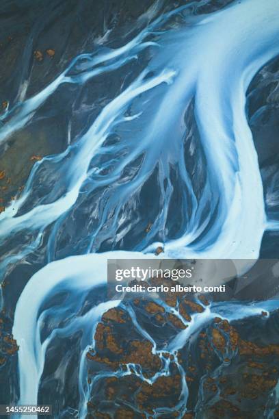 aerial view taken by drone of icelandic glacial river shooted during an warm autumn, southern iceland - kalfafell iceland stock pictures, royalty-free photos & images