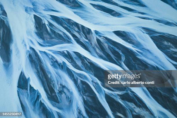 aerial view taken by drone of icelandic glacial river shooted during an warm autumn, southern iceland - kalfafell iceland stock pictures, royalty-free photos & images