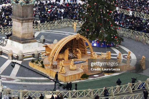 View of the wooden nativity crib scene made by the master craftsmen of Sutrio during the funeral ceremony for Pope Emeritus Benedict XVI at St....