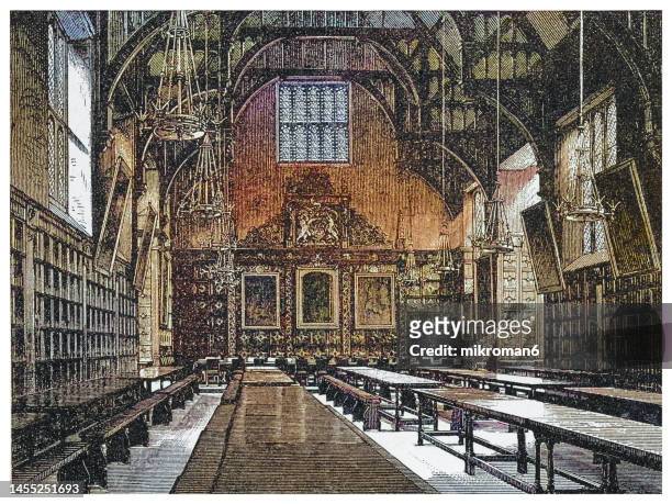 old engraved illustration of library of trinity college cambridge, england - trinity library stock pictures, royalty-free photos & images