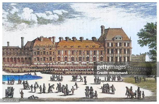 old engraved illustration of the tuileries palace, royal and imperial palace in paris - tuileries quarter stock pictures, royalty-free photos & images