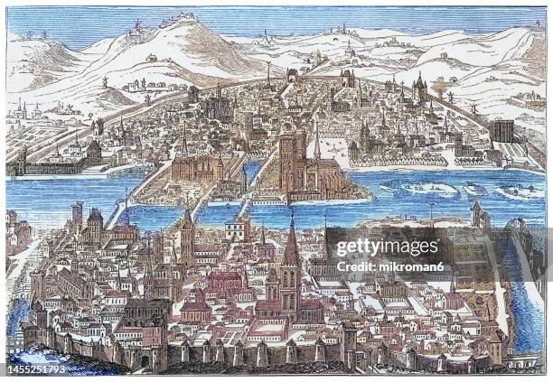 old engraved illustration of view of paris under henry iv (1607) - 17th century 個照片及圖片檔