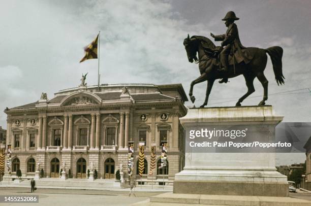 Exterior view of the Grand Theatre de Geneve, an opera house on Place Neuve in the centre of the city of Geneva in Switzerland in 1966. Visible in...